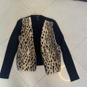 Ann Taylor Black and Leopard Print Teddy Jacket